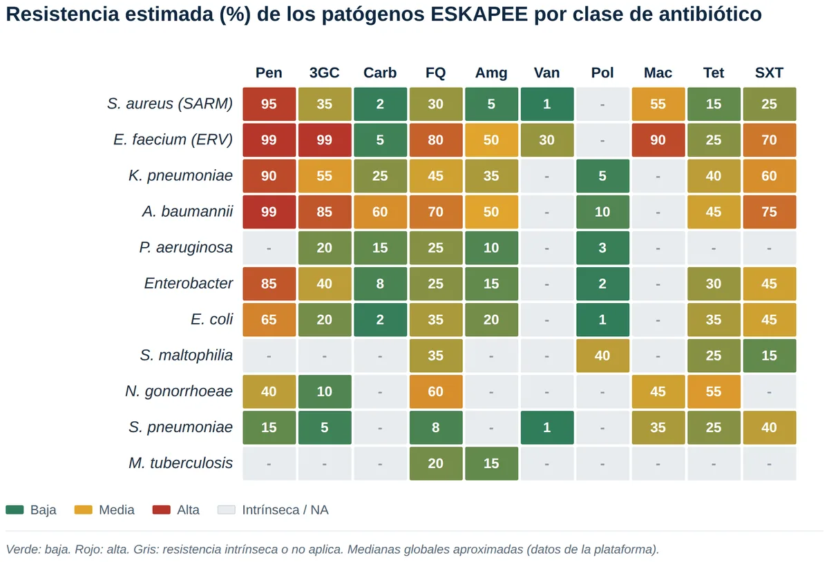 Mapa de resistencia de los patógenos ESKAPEE frente a cada clase de antibiótico